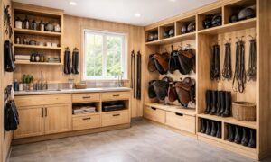 Aménager une sellerie fonctionnelle avec rangements sur mesure et lavabo pour soins équins