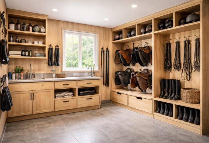 Aménager une sellerie fonctionnelle avec rangements sur mesure et lavabo pour soins équins