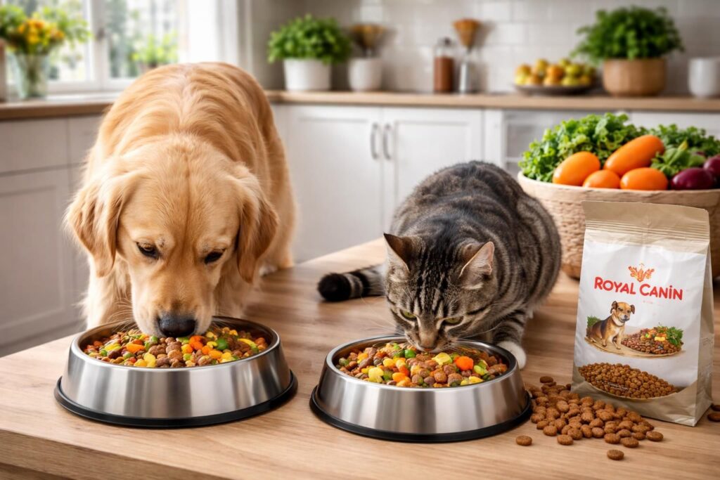 Nourrir les animaux domestiques sainement avec croquettes Royal Canin et légumes frais bio
