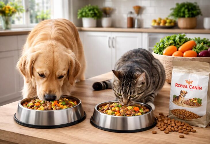 Nourrir les animaux domestiques sainement avec croquettes Royal Canin et légumes frais bio